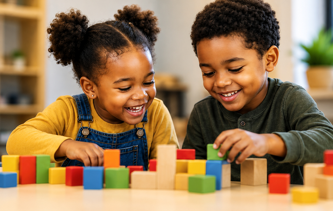 Two young Black children smiling together